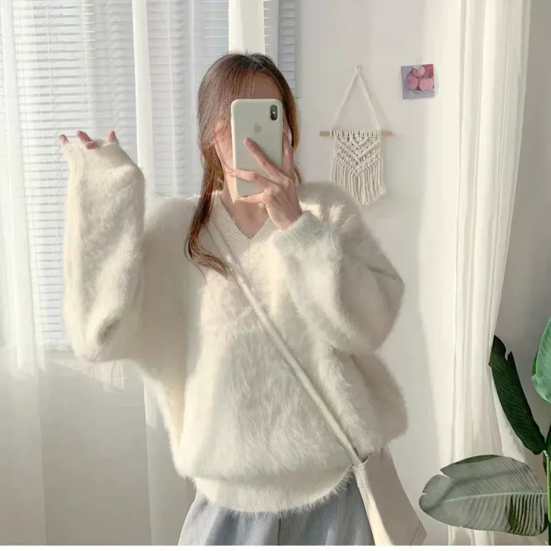 Women's Fluffy Knit Sweater V-Neck Loose Fit Ribbed Trim Soft Material sold by Hensley London