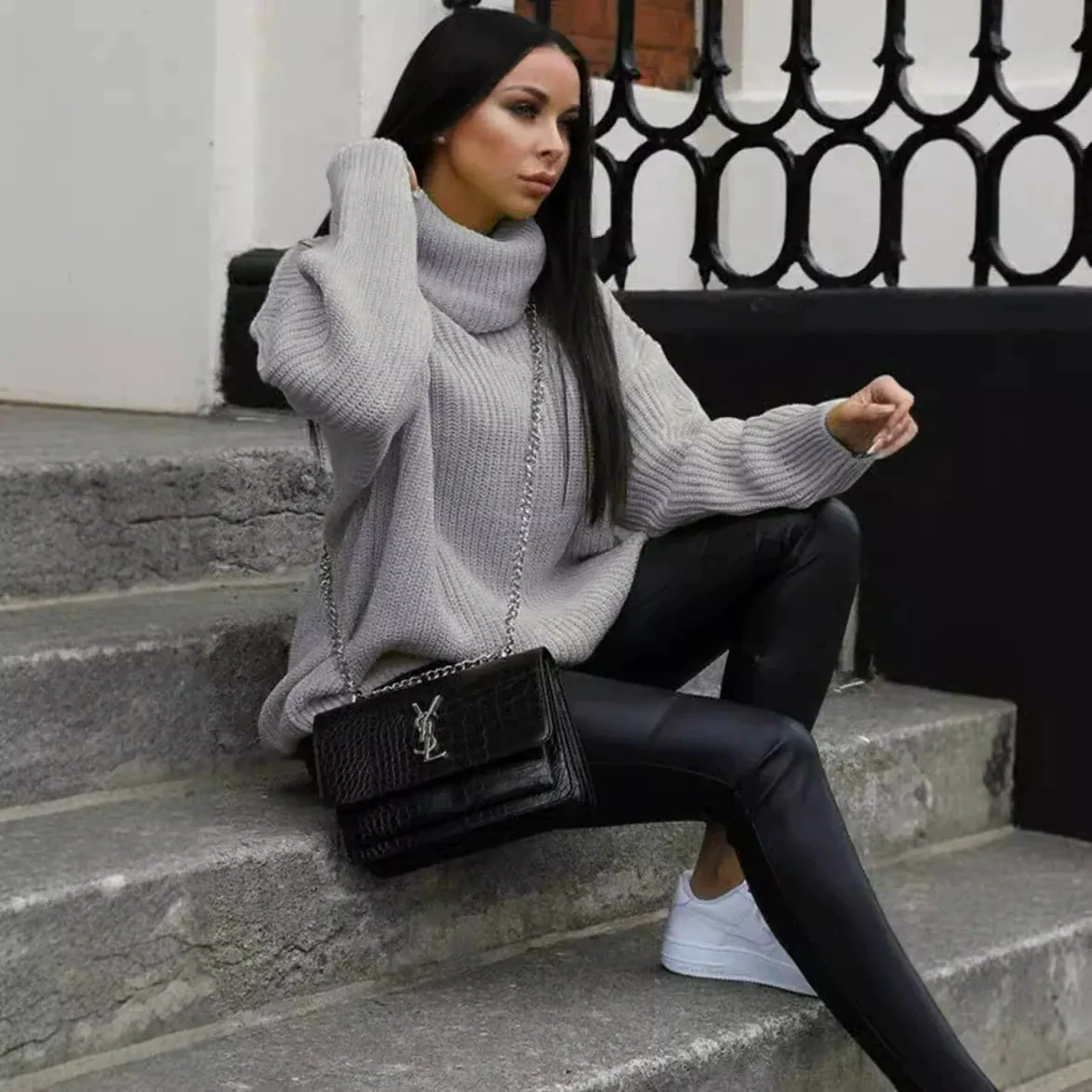 Women's Oversized Sweater Cream Soft Knit Turtleneck Ribbed Sleeves sold by Hensley London