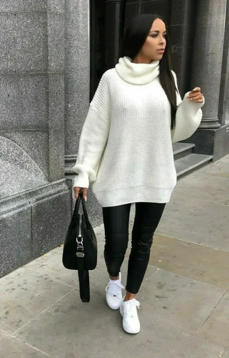 Women's Oversized Sweater Cream Soft Knit Turtleneck Ribbed Sleeves sold by Hensley London product image thumbnail 2