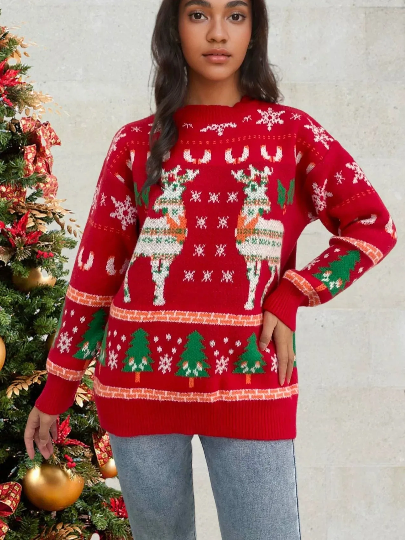 Women's Relaxed Fit Knitted Sweater - Wool Blend with Deer and Snowflake Design sold by Hensley London