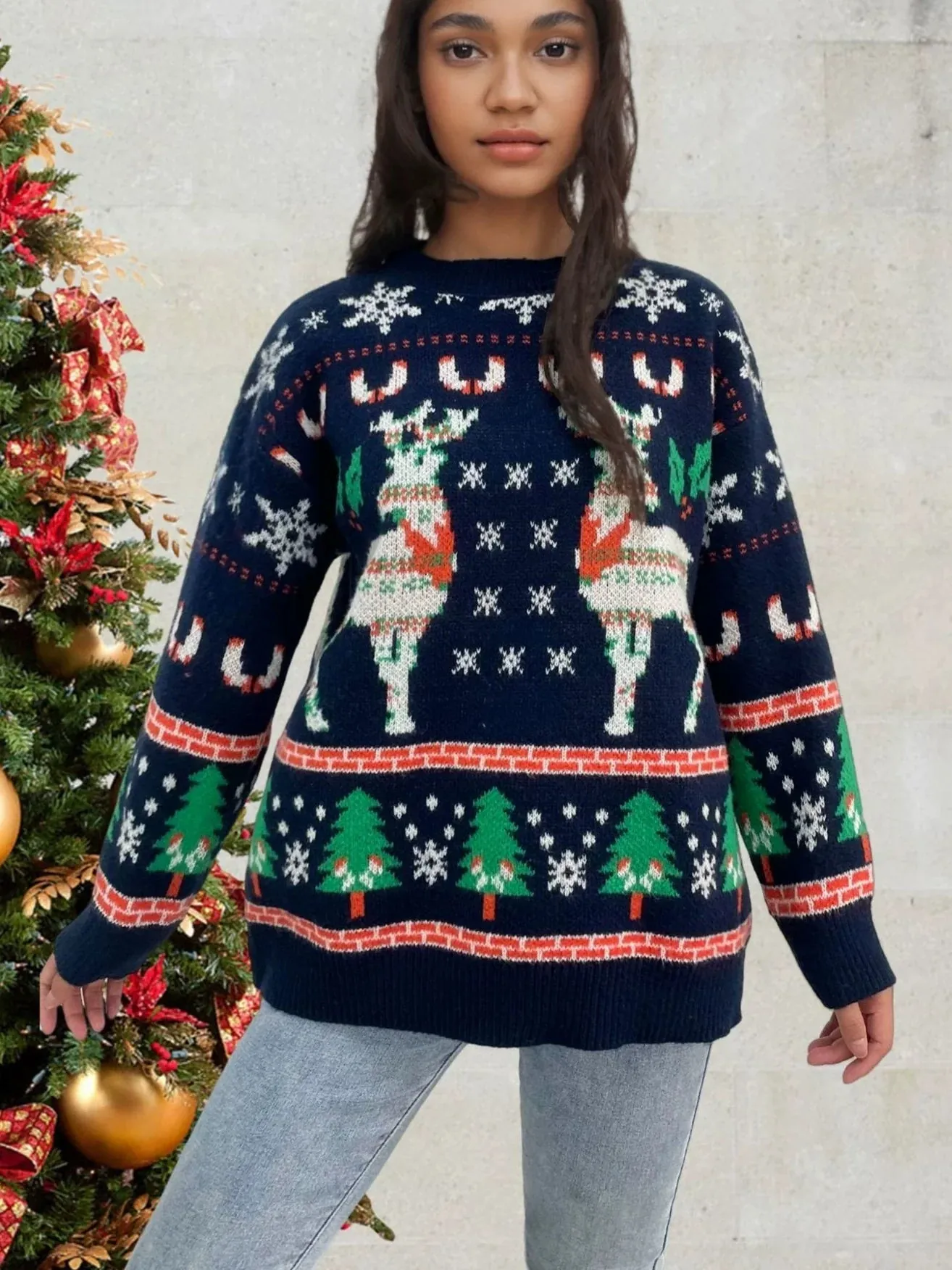 Women's Relaxed Fit Knitted Sweater - Wool Blend with Deer and Snowflake Design sold by Hensley London product image thumbnail 2