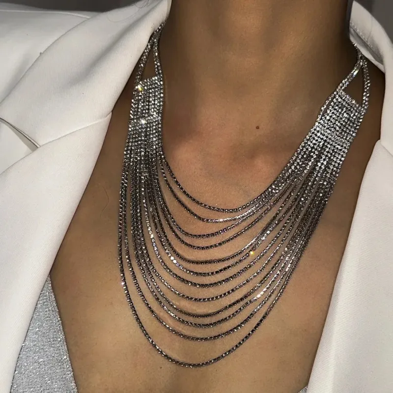 Women's Multi-Layer Necklace Silver Alloy Rhinestone sold by Hensley London