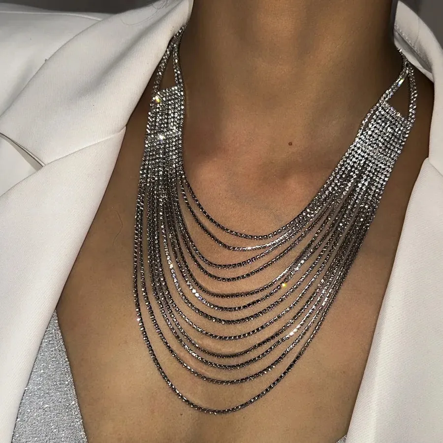 Women's Multi-Layer Necklace Silver Alloy Rhinestone sold by Hensley London