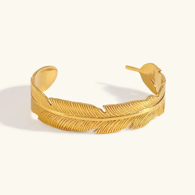 Women's Gold Bracelet 18K Waterproof Stainless Steel Angel's Feather Design sold by Hensley London