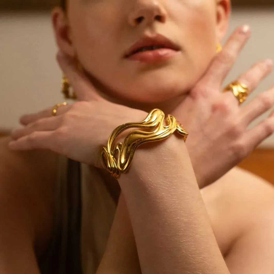 Women's Gold Bracelet Stainless Steel Open-Ended Wavy Design sold by Hensley London product image thumbnail 2