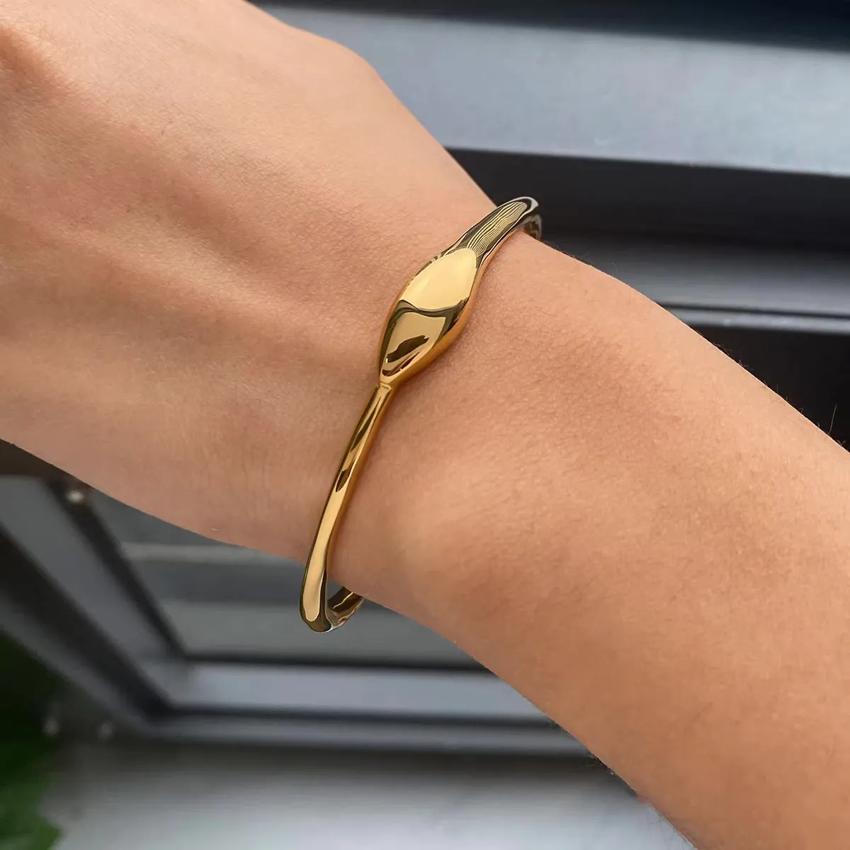 Minimalist Gold Bangle Bracelet for Women, 18K Gold Plated Stainless Steel sold by Hensley London product image thumbnail 2