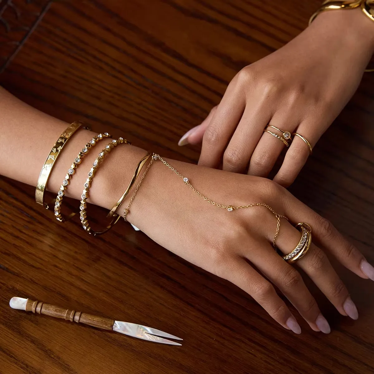 Women's Hand Chain Gold Stainless Steel with Diamond Simulants sold by Hensley London product image thumbnail 3