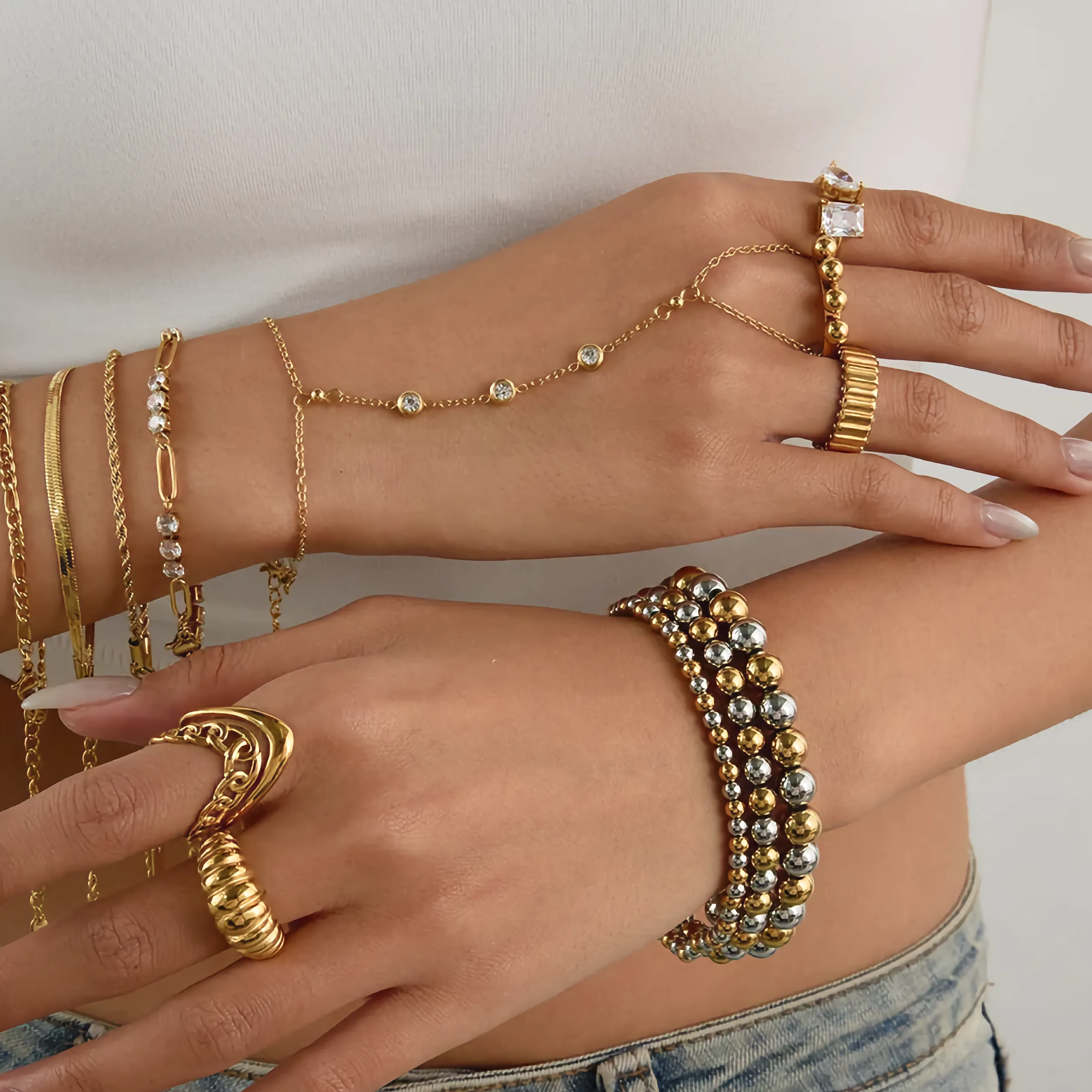 Women's Diamond Hand Chain Gold Stainless Steel sold by Hensley London product image thumbnail 5