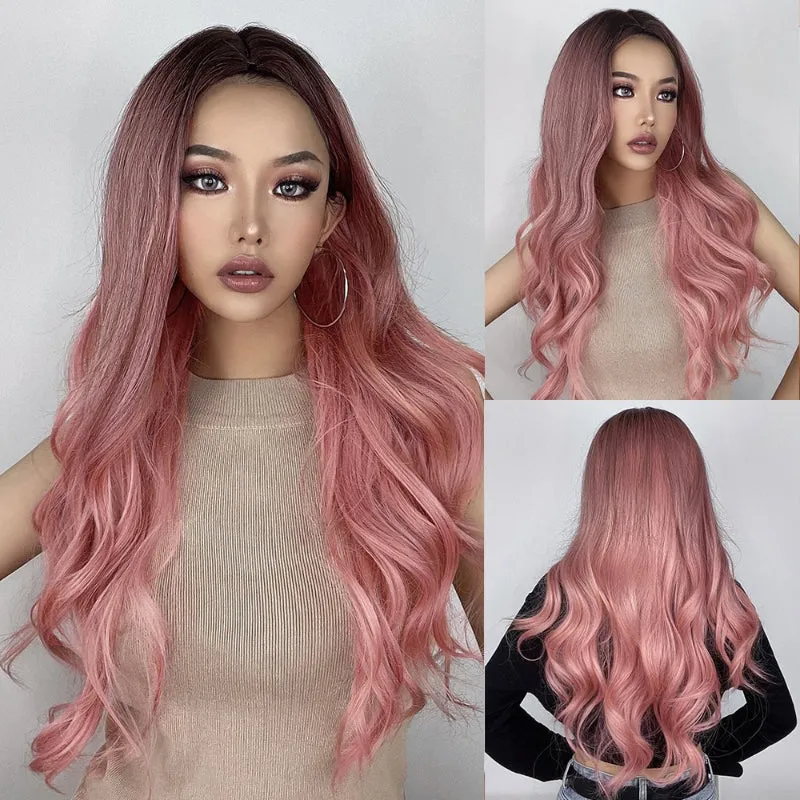Women's Ombre Pink Long Wavy Wig Synthetic Hair sold by Hensley London