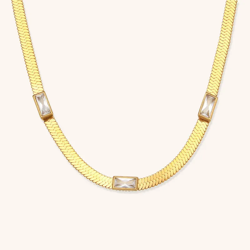 Elegant Herringbone Gold Necklace for Women with AAAA Diamond Simulants – 14 Inch Adjustable Gold Chain sold by Hensley London