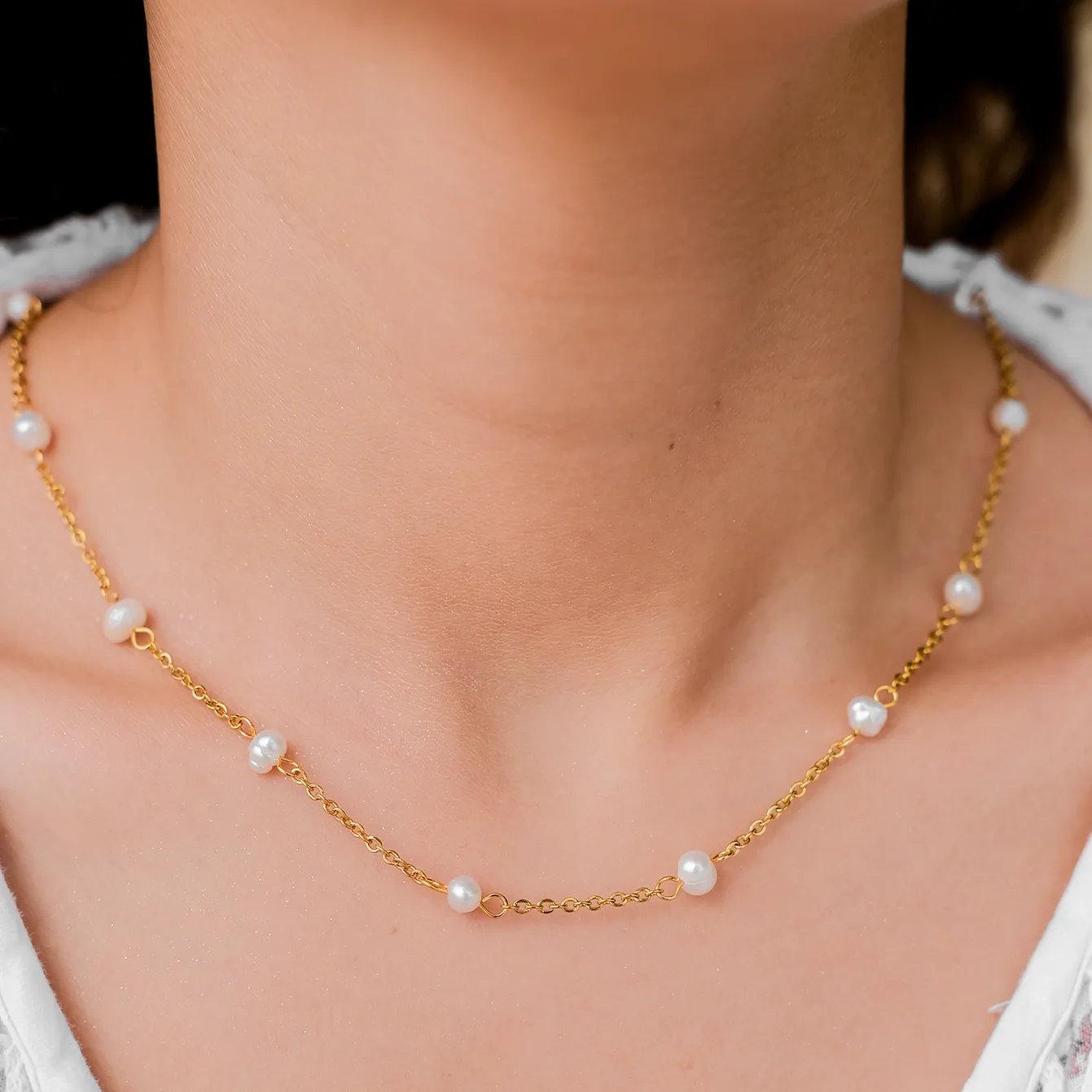 Elegant Gold Pearl Necklace with Freshwater Pearls – 18k Gold Plated, Hypoallergenic, 18-Inch Length sold by Hensley London product image thumbnail 4