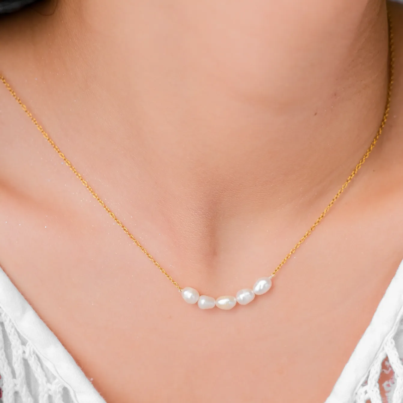 Elegant Gold Pearl Necklace – 18k Gold Plated Freshwater Pearls, Hypoallergenic Design for Women, 16-Inch Length with Extension sold by Hensley London product image thumbnail 3