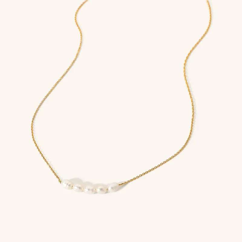 Elegant Gold Pearl Necklace – 18k Gold Plated Freshwater Pearls, Hypoallergenic Design for Women, 16-Inch Length with Extension sold by Hensley London