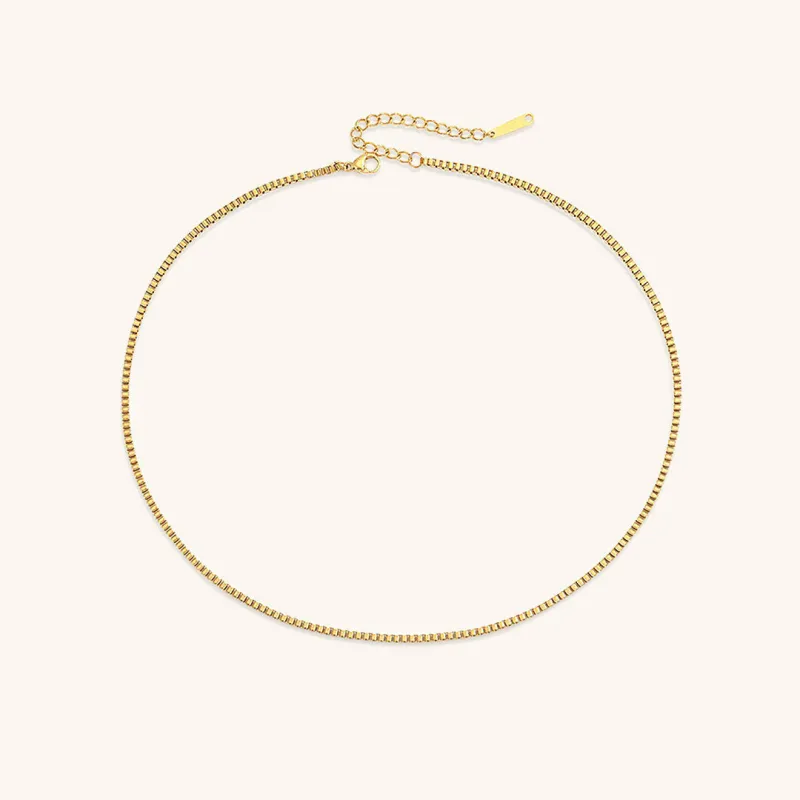 Gold Box Chain Necklace for Women – Adjustable 14k Gold Chain with Square Links, Hypoallergenic and Water-Resistant sold by Hensley London