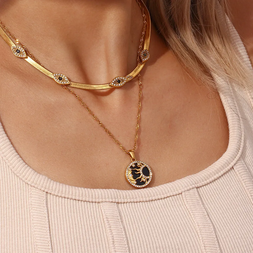 Exquisite 18k Gold Herringbone Necklace with Evil Eye Charms and Diamond Simulants sold by Hensley London product image thumbnail 2