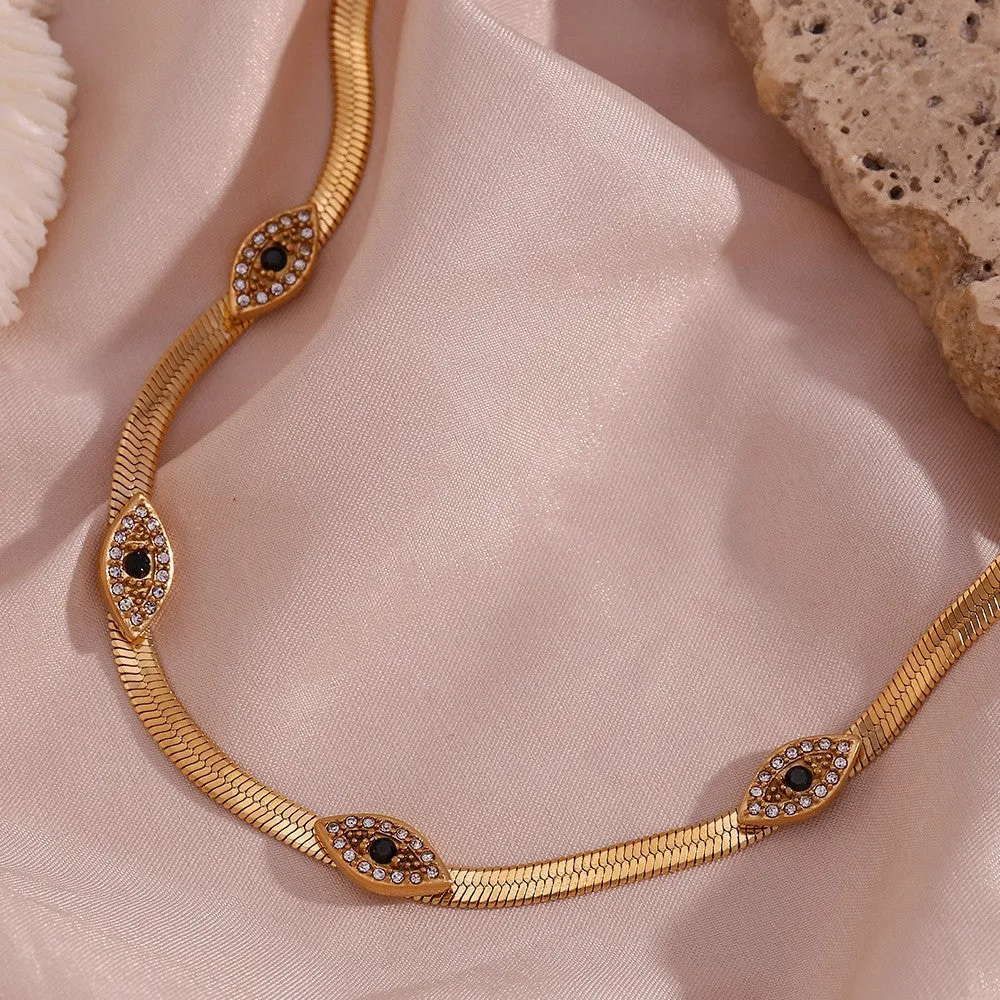 Exquisite 18k Gold Herringbone Necklace with Evil Eye Charms and Diamond Simulants sold by Hensley London product image thumbnail 5