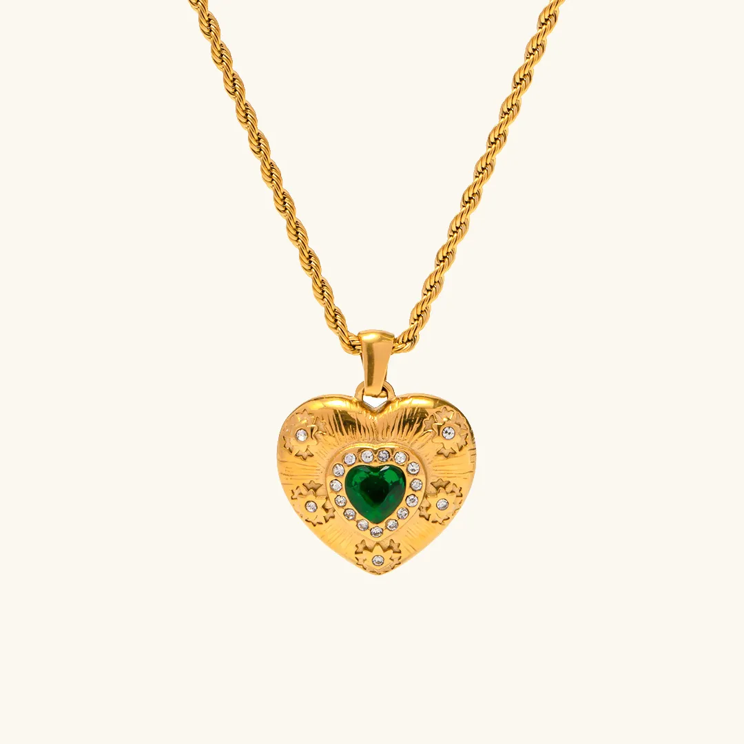 Elegant Gold Heart Necklace with Diamond Simulants and Emerald Centerpiece – 18k Gold-Plated Stainless Steel Jewelry sold by Hensley London