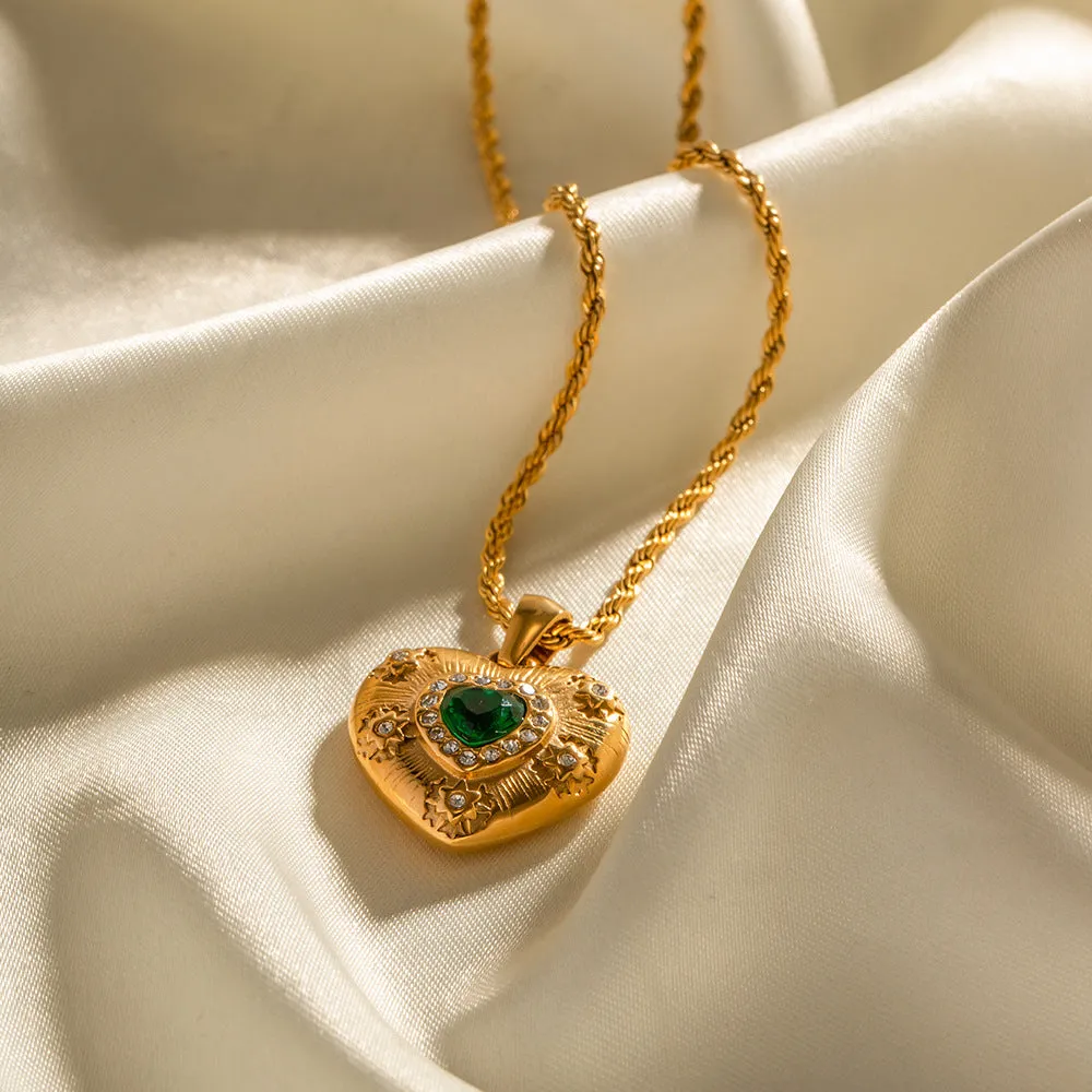 Elegant Gold Heart Necklace with Diamond Simulants and Emerald Centerpiece – 18k Gold-Plated Stainless Steel Jewelry sold by Hensley London product image thumbnail 3