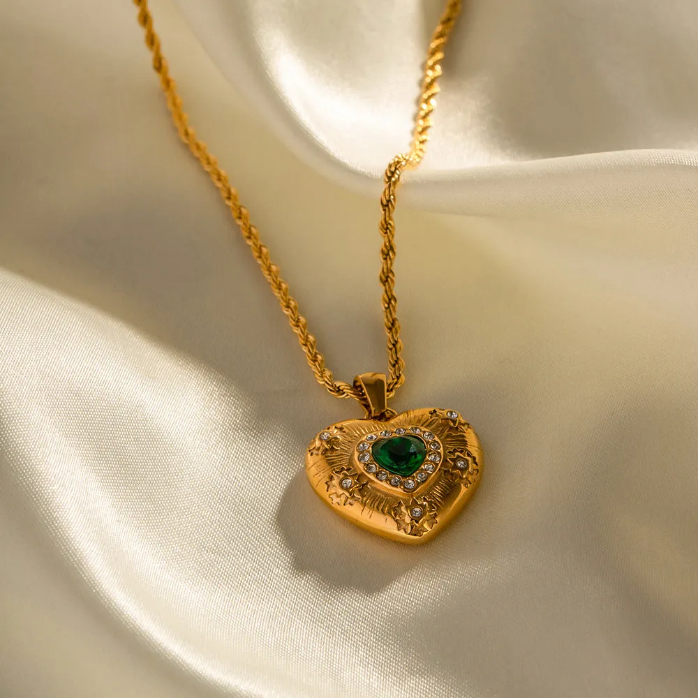 Elegant Gold Heart Necklace with Diamond Simulants and Emerald Centerpiece – 18k Gold-Plated Stainless Steel Jewelry sold by Hensley London product image thumbnail 4