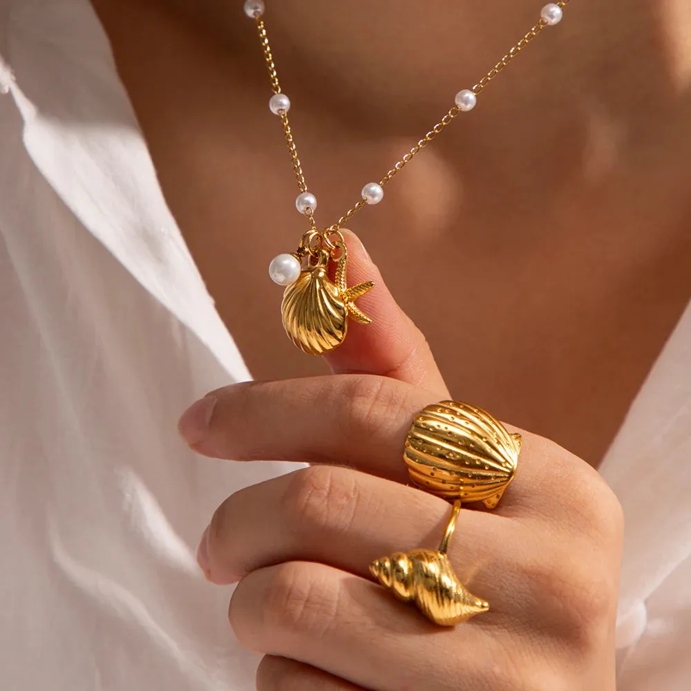 Freshwater Pearl Necklace with Sea Shell and Starfish Pendants – 18k Gold-Plated Coastal Jewelry for Women sold by Hensley London product image thumbnail 5