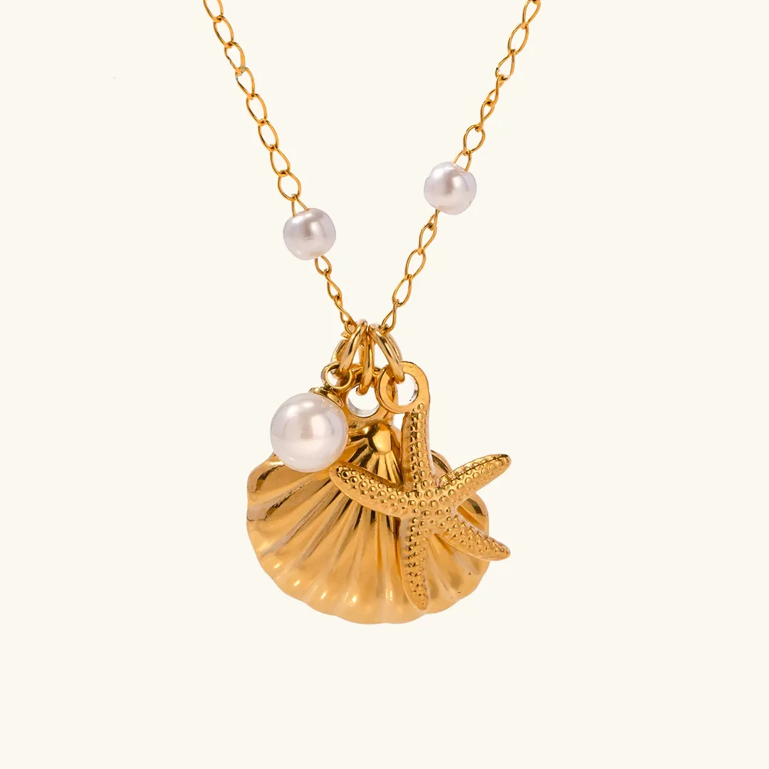 Freshwater Pearl Necklace with Sea Shell and Starfish Pendants – 18k Gold-Plated Coastal Jewelry for Women sold by Hensley London