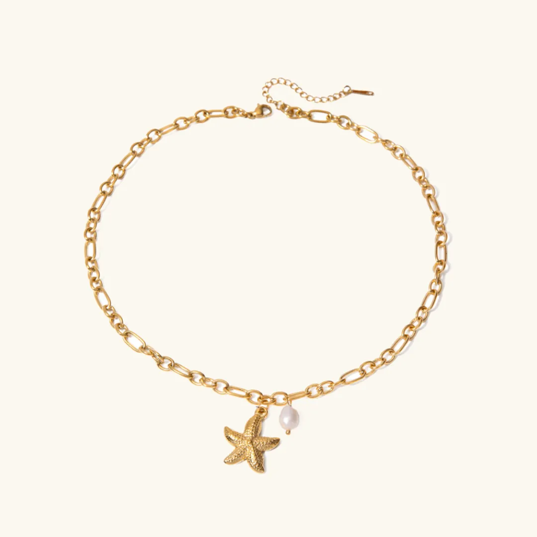Dainty Gold Necklace with Starfish Pendant and Freshwater Pearl – Waterproof 18k Gold-Plated Chain for Women sold by Hensley London