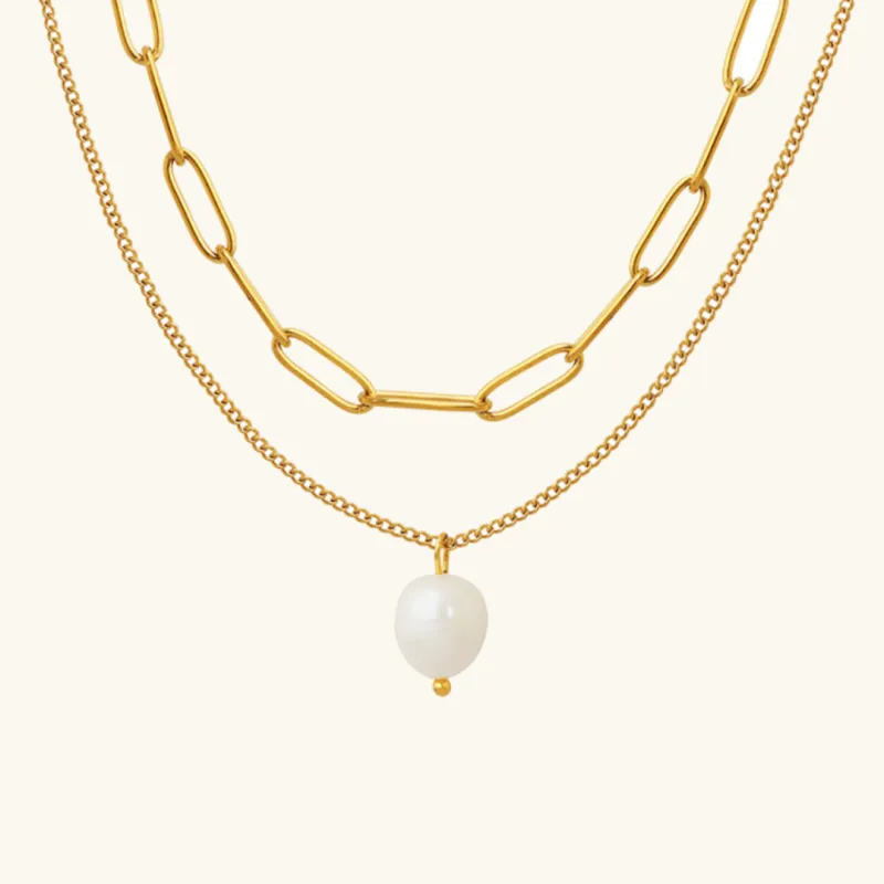 Elegant Freshwater Pearl Necklace with 18k Gold-Plated Paperclip Chain – Waterproof and Hypoallergenic Design for Women sold by Hensley London