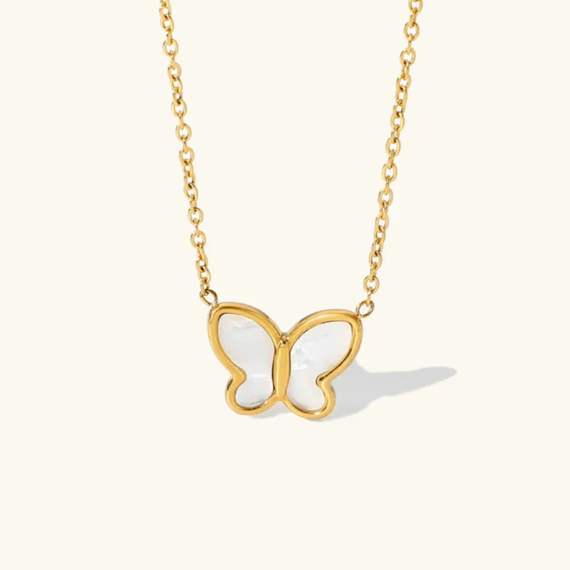 Elegant Butterfly Pendant Necklace with Mother of Pearl and Freshwater Pearls – Hypoallergenic Gold-Plated Jewelry for Women sold by Hensley London