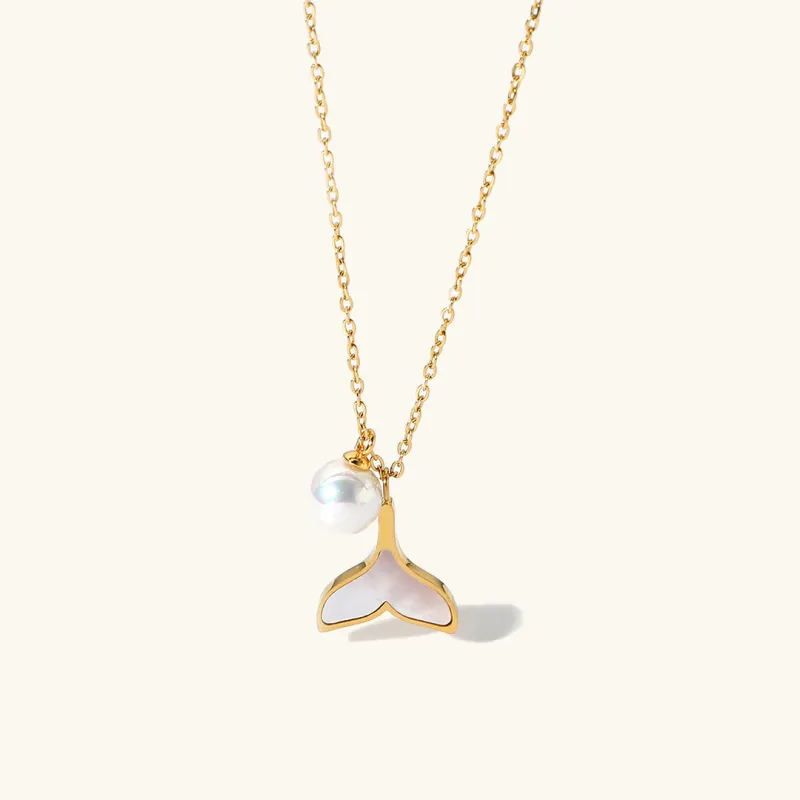 Mermaid Tail Pendant Freshwater Pearl Necklace with Gold Chain – Hypoallergenic and Water Resistant sold by Hensley London