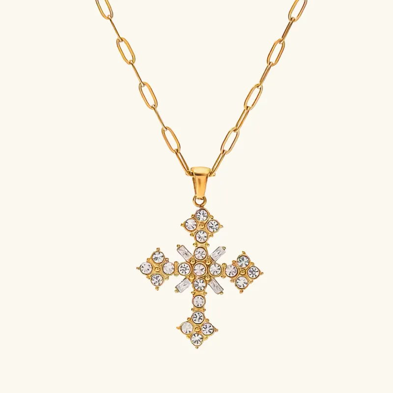 18k Gold-Plated Crystal Cross Necklace with Paperclip Chain – Waterproof, Hypoallergenic Jewelry for Women sold by Hensley London