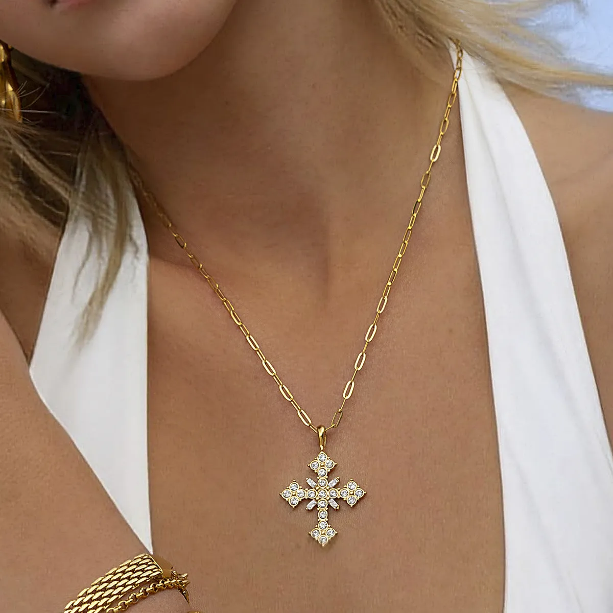 18k Gold-Plated Crystal Cross Necklace with Paperclip Chain – Waterproof, Hypoallergenic Jewelry for Women sold by Hensley London product image thumbnail 2
