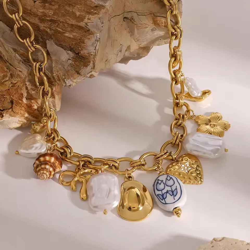 Ocean-Inspired Gold Chain Necklace with Freshwater Pearls and Seashell Charms - Waterproof and Hypoallergenic sold by Hensley London product image thumbnail 4