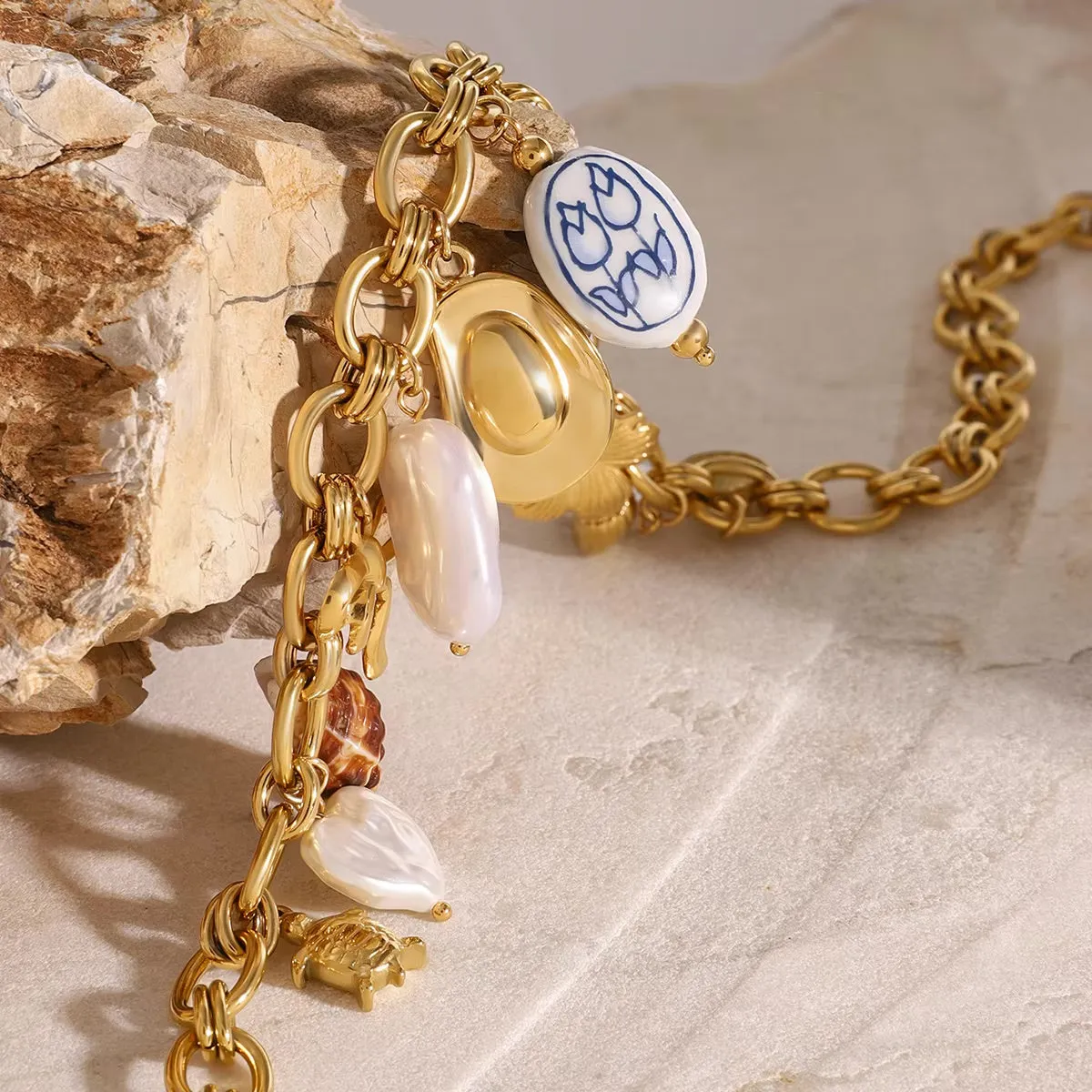 Ocean-Inspired Gold Chain Necklace with Freshwater Pearls and Seashell Charms - Waterproof and Hypoallergenic sold by Hensley London product image thumbnail 5