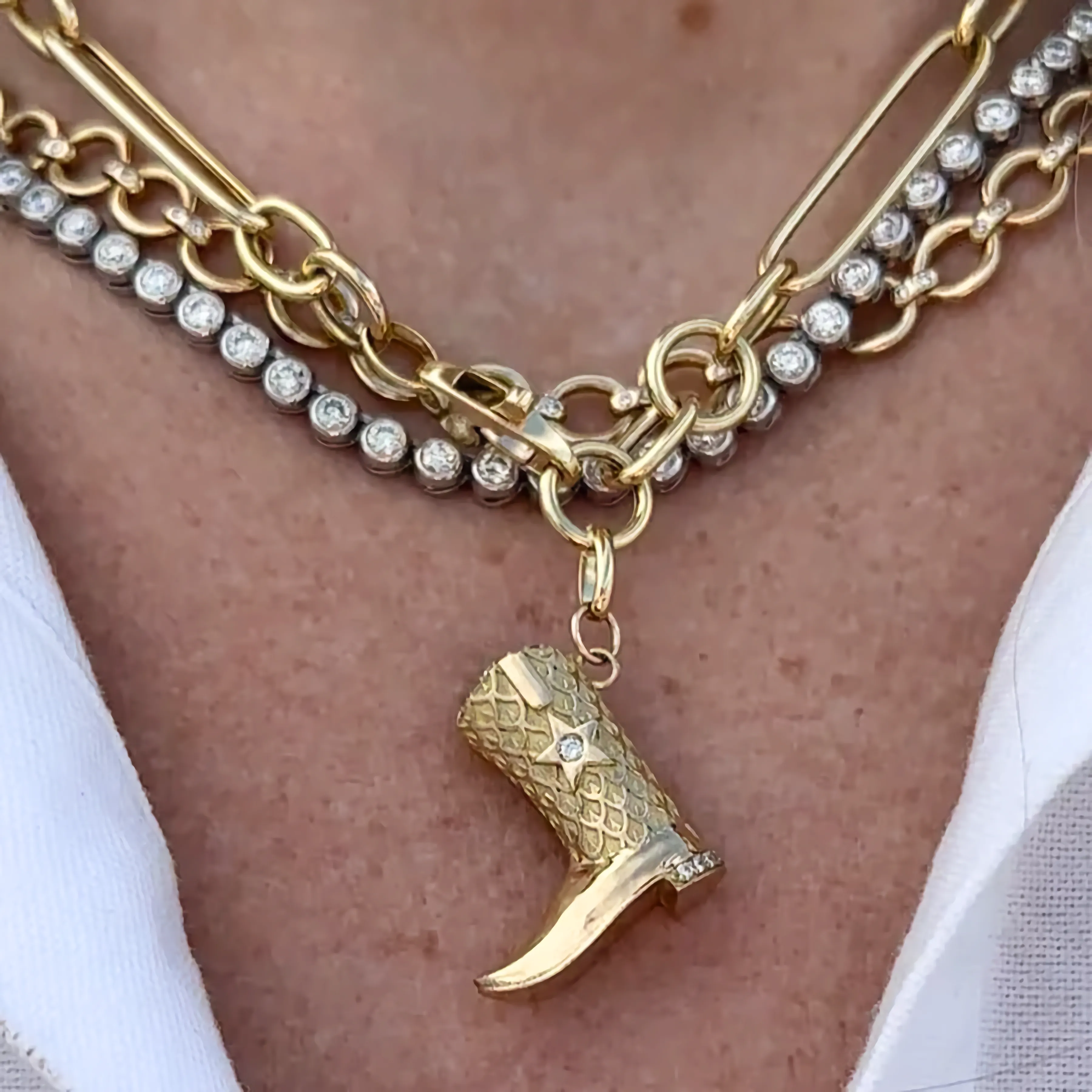 Gold Boot Pendant Necklace for Women – 18k Gold-Plated Stainless Steel with Diamond Simulants, Western Style Charm sold by Hensley London product image thumbnail 2