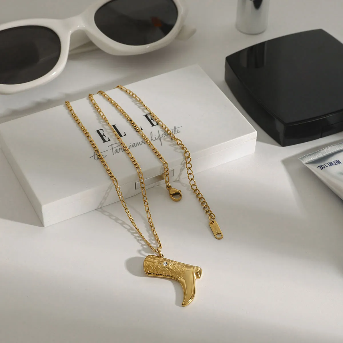 Gold Boot Pendant Necklace for Women – 18k Gold-Plated Stainless Steel with Diamond Simulants, Western Style Charm sold by Hensley London product image thumbnail 3