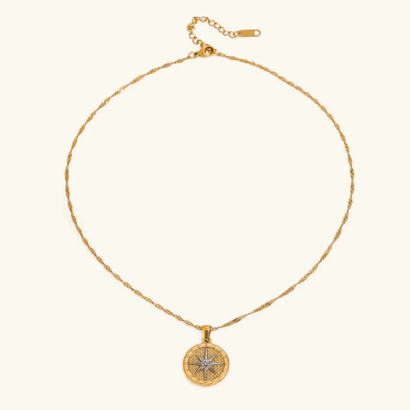 Gold Star Pendant Necklace with Textured Design – Waterproof, Hypoallergenic Stainless Steel, 16-Inch Length sold by Hensley London