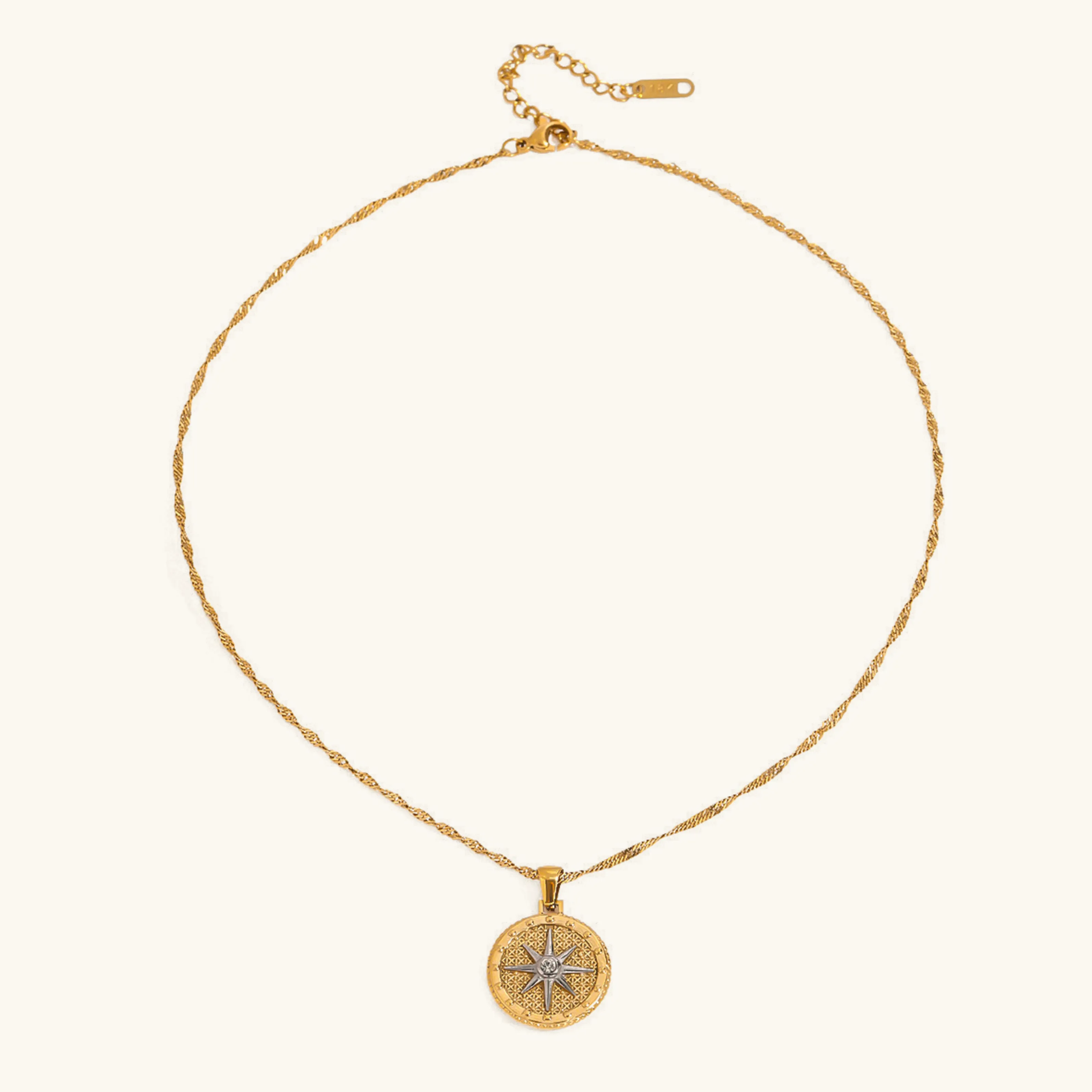 Gold Star Pendant Necklace with Textured Design – Waterproof, Hypoallergenic Stainless Steel, 16-Inch Length sold by Hensley London