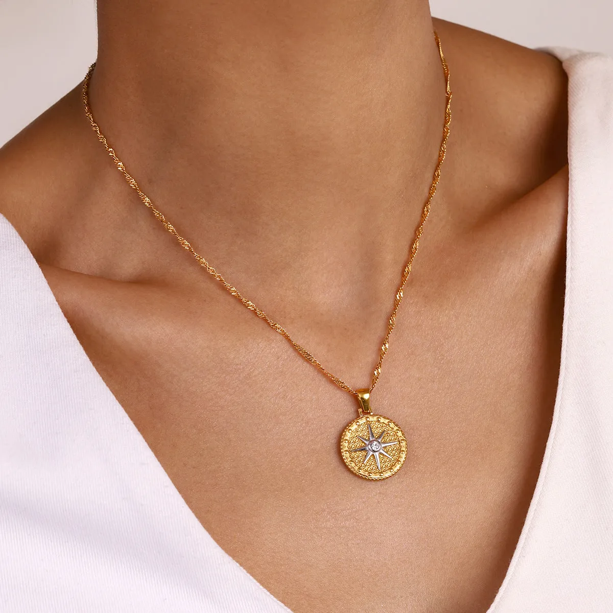 Gold Star Pendant Necklace with Textured Design – Waterproof, Hypoallergenic Stainless Steel, 16-Inch Length sold by Hensley London product image thumbnail 5