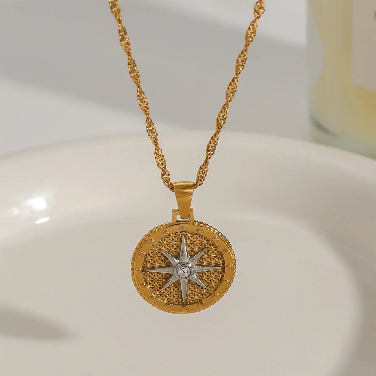 Gold Star Pendant Necklace with Textured Design – Waterproof, Hypoallergenic Stainless Steel, 16-Inch Length sold by Hensley London product image thumbnail 3