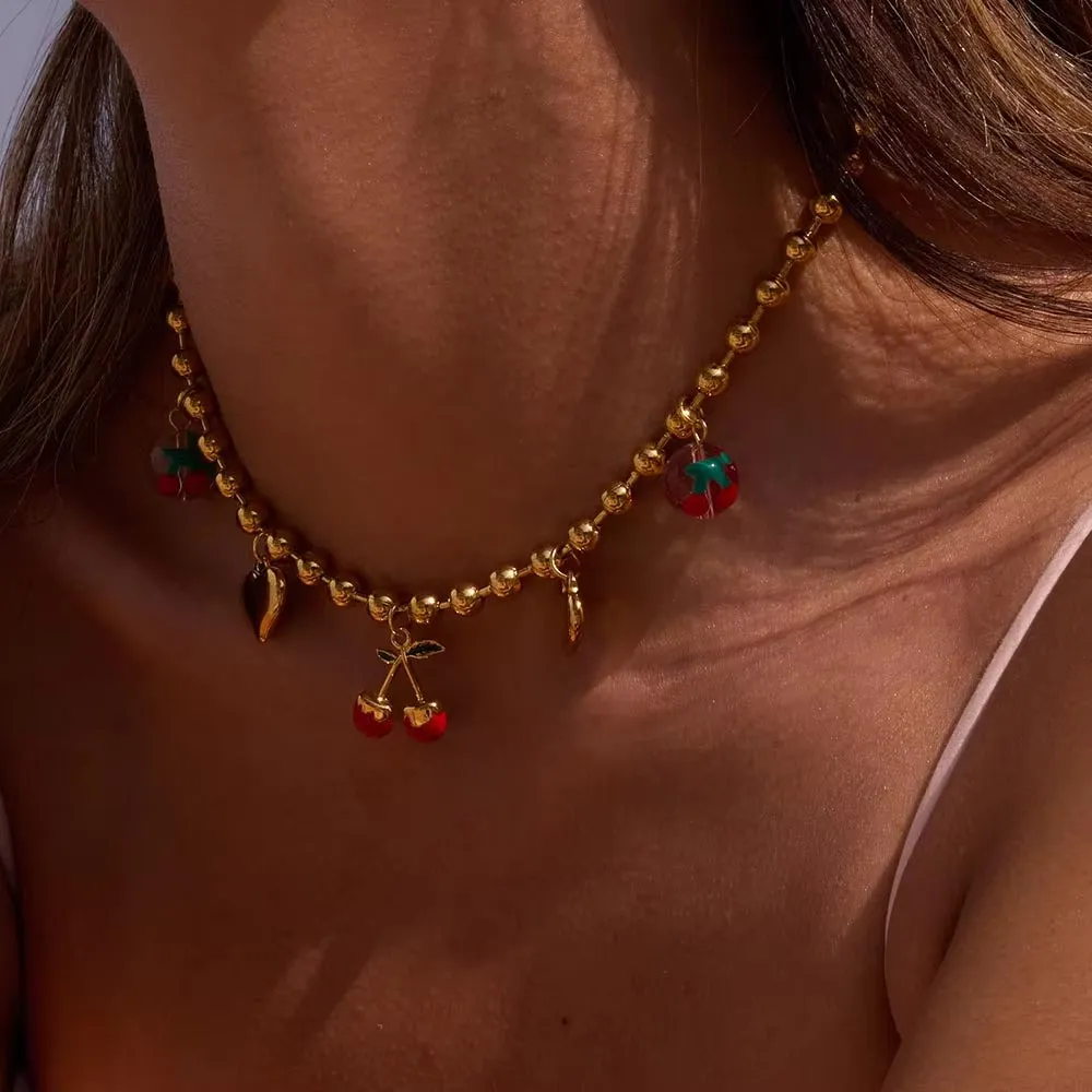 Gold Cherry Heart Necklace for Women – Waterproof, Hypoallergenic, Adjustable 16-Inch Chain with 2-Inch Extension sold by Hensley London product image thumbnail 2