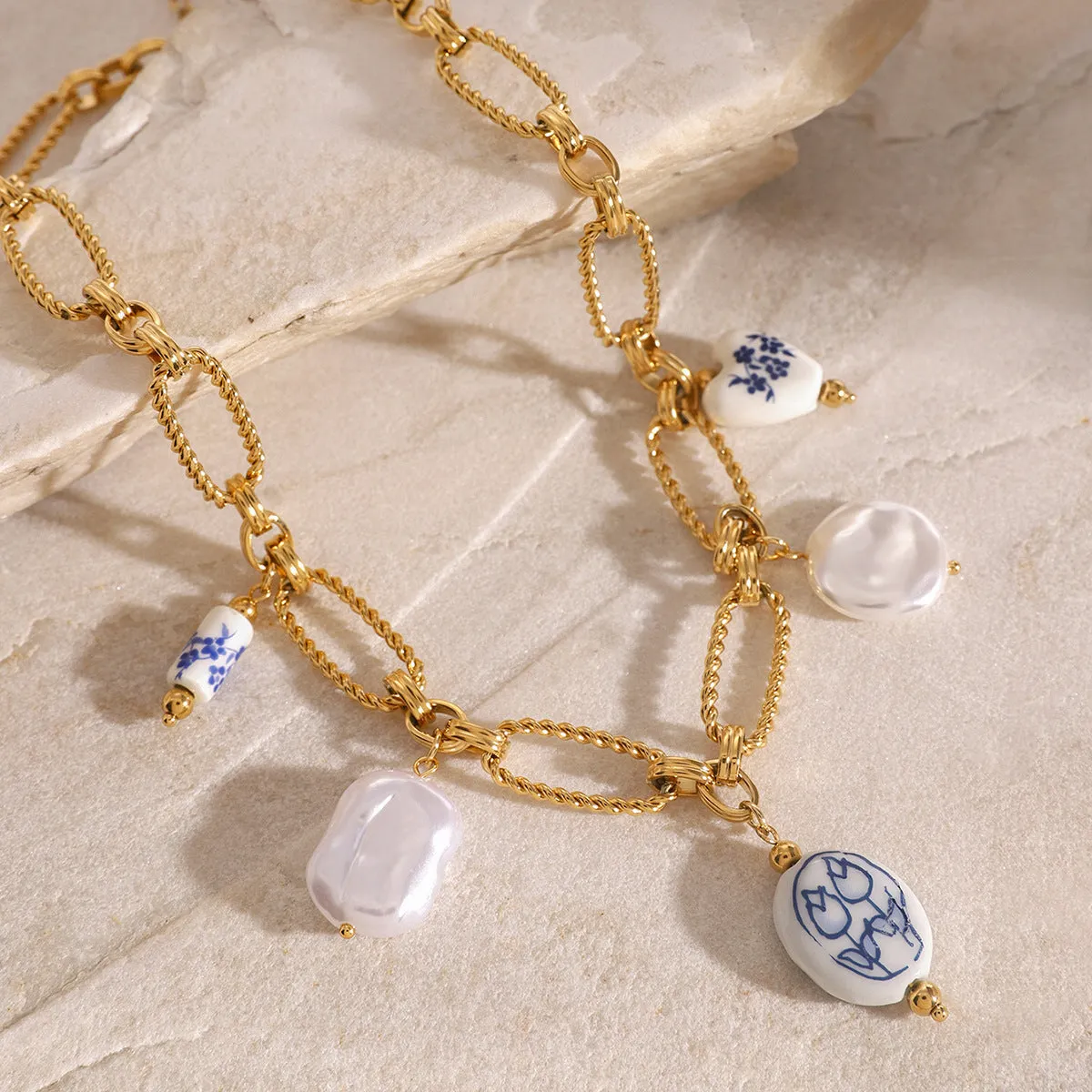 Freshwater Pearl Necklace with Gold Chain and Blue Accents – Waterproof, Hypoallergenic, 18-Inch Length sold by Hensley London product image thumbnail 3