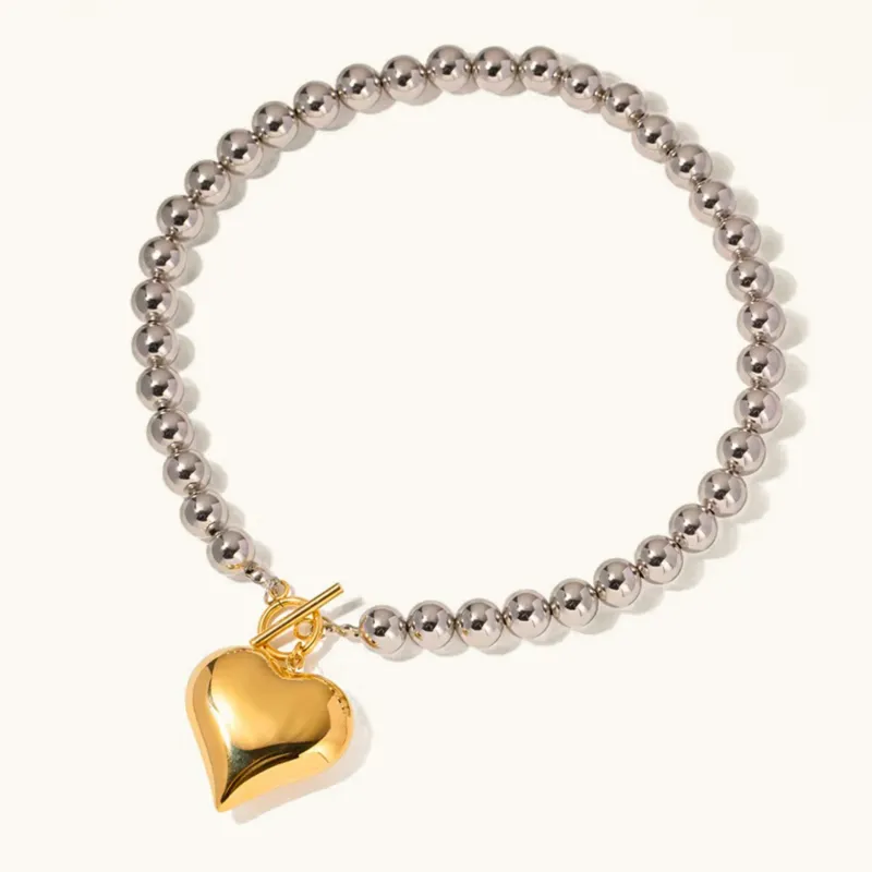 Chunky Bead Heart Pendant Necklace – Waterproof and Hypoallergenic Stainless Steel with 18k Gold Accent sold by Hensley London