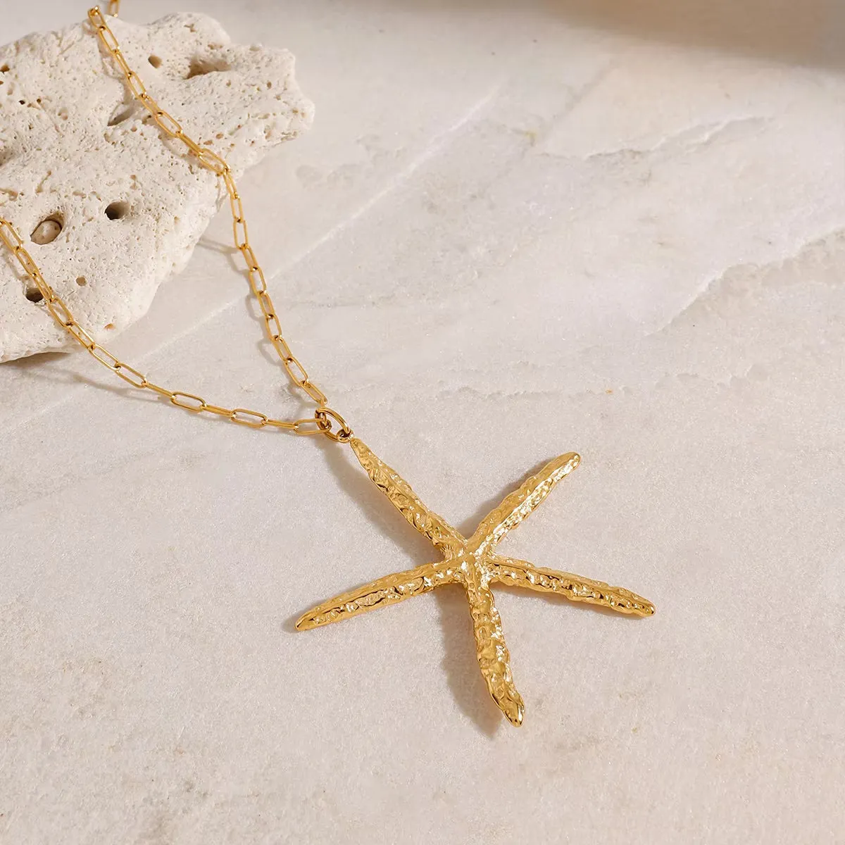 Oversized Starfish Necklace in 18k Gold-Plated Stainless Steel – Waterproof, Hypoallergenic, 30-Inch Adjustable Length sold by Hensley London product image thumbnail 5