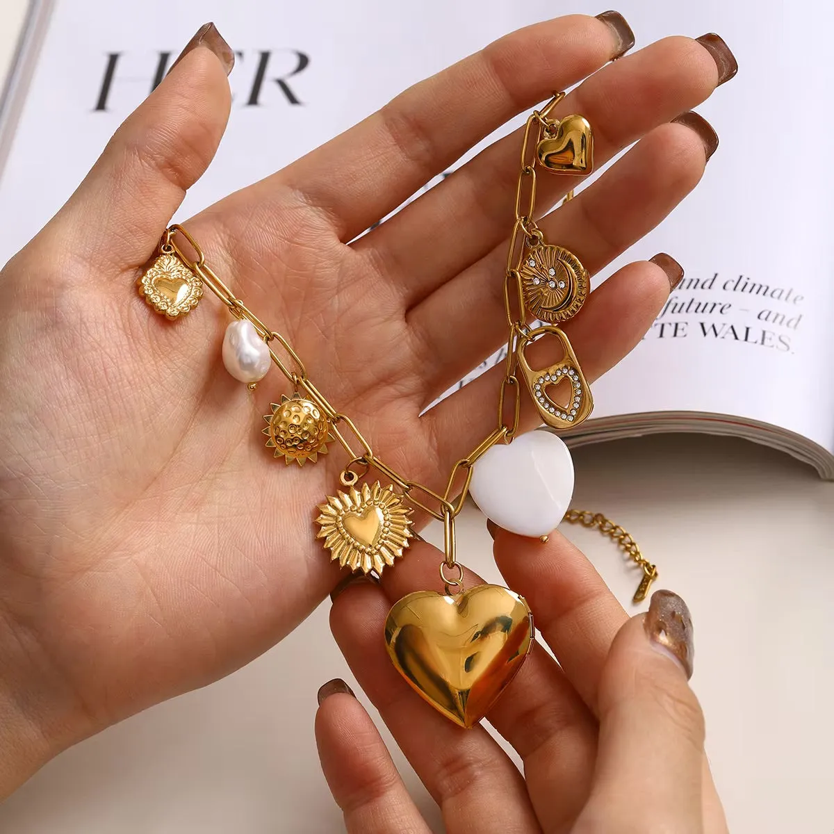 Gold Heart Locket Necklace with Freshwater Pearls on Paperclip Chain – Hypoallergenic and Waterproof Jewelry for Women sold by Hensley London product image thumbnail 3