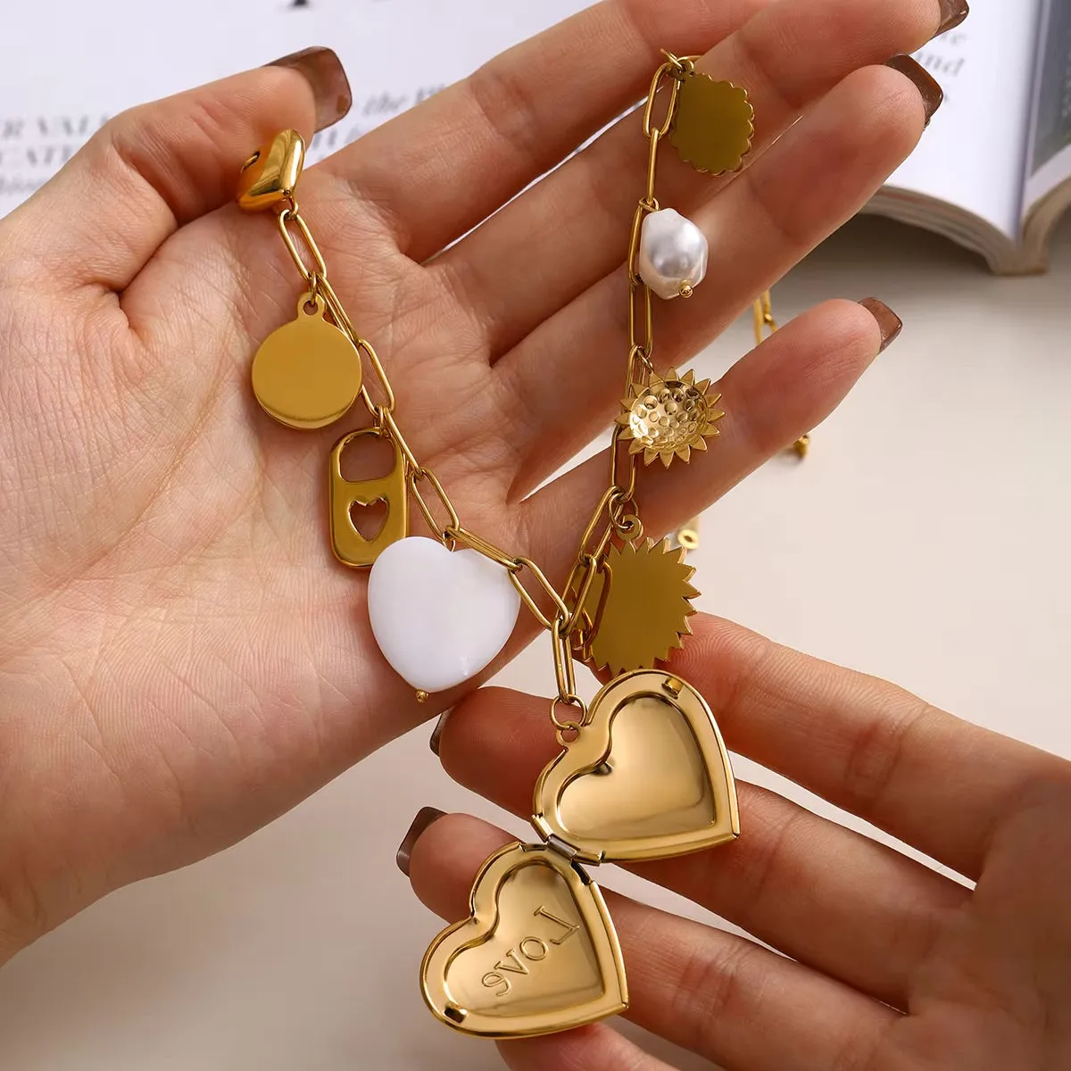 Gold Heart Locket Necklace with Freshwater Pearls on Paperclip Chain – Hypoallergenic and Waterproof Jewelry for Women sold by Hensley London product image thumbnail 4