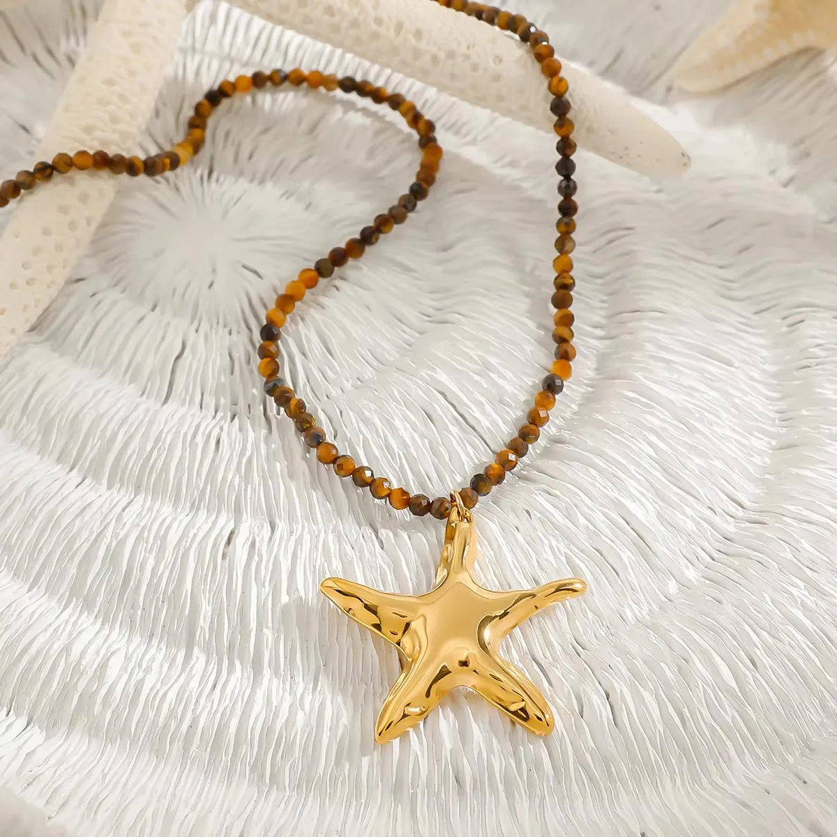 Gold Starfish Pendant Necklace with Earthy Beads – Waterproof, Hypoallergenic Jewelry for Women, 16-Inch Adjustable Length sold by Hensley London product image thumbnail 3