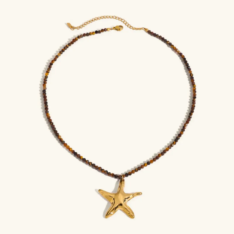 Gold Starfish Pendant Necklace with Earthy Beads – Waterproof, Hypoallergenic Jewelry for Women, 16-Inch Adjustable Length sold by Hensley London