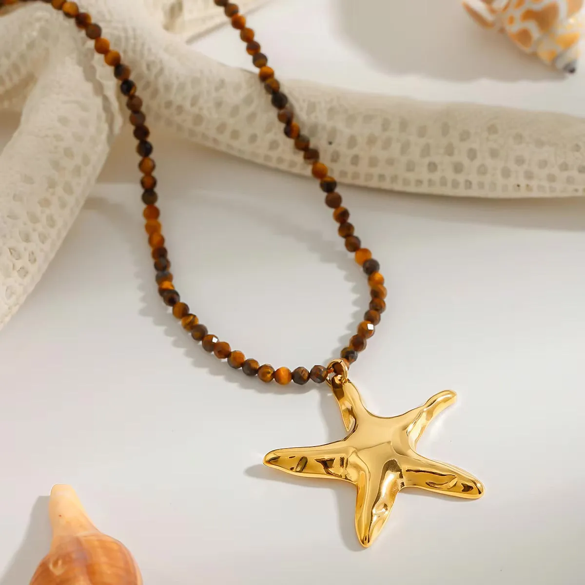 Gold Starfish Pendant Necklace with Earthy Beads – Waterproof, Hypoallergenic Jewelry for Women, 16-Inch Adjustable Length sold by Hensley London product image thumbnail 2