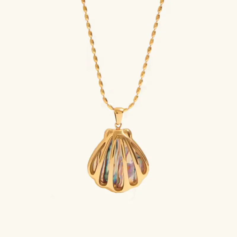 Gold Seashell Pendant Necklace with Opal Shimmer – Waterproof, Hypoallergenic Stainless Steel Jewelry for Women, 18-Inch Length sold by Hensley London