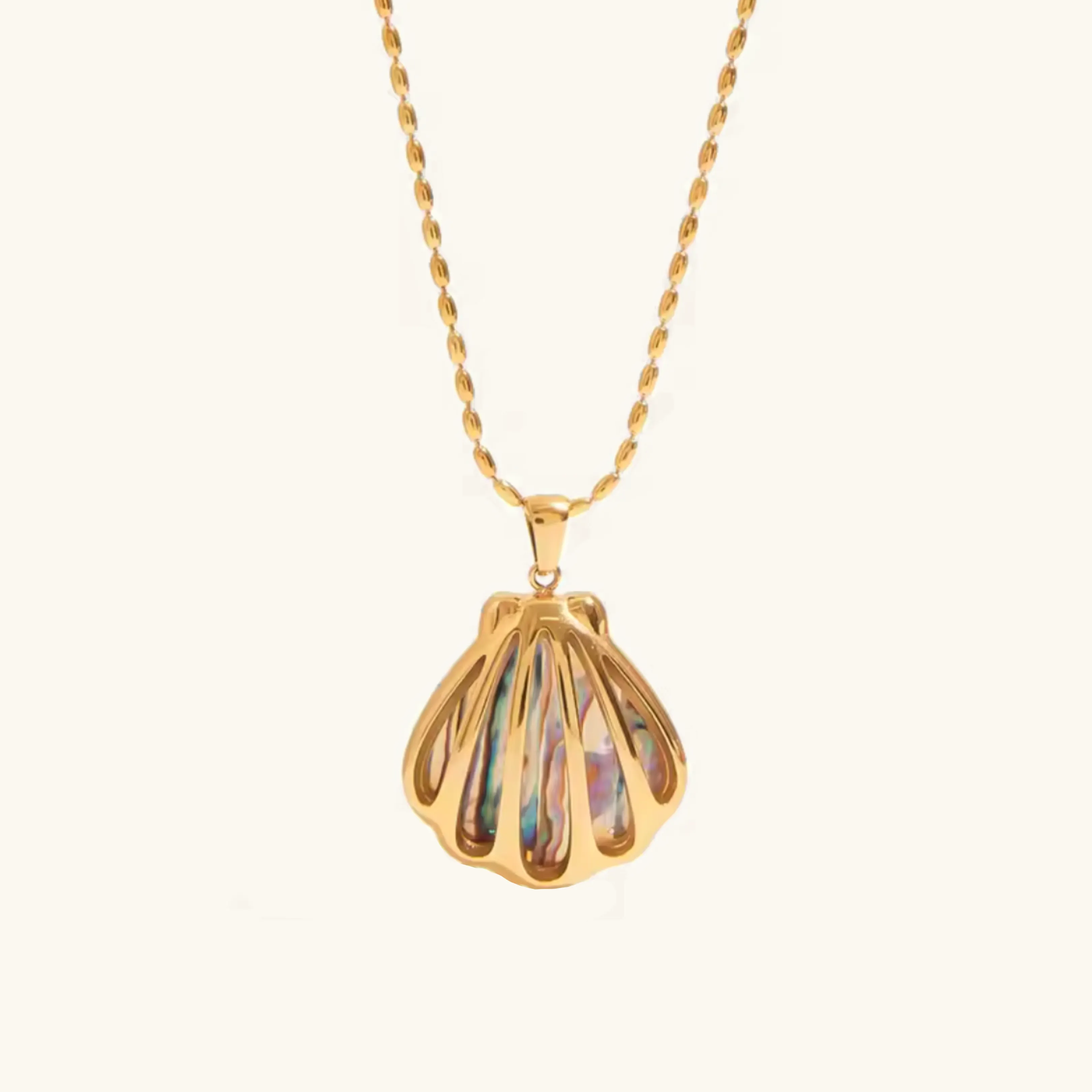 Gold Seashell Pendant Necklace with Opal Shimmer – Waterproof, Hypoallergenic Stainless Steel Jewelry for Women, 18-Inch Length sold by Hensley London